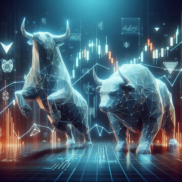 concept van beursbeurs of financiële technologie veelhoek stier en beer met futuristische