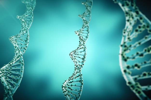 Concept van biochemie met dna-structuur op blauwe achtergrond 3D-rendering Geneeskunde concept