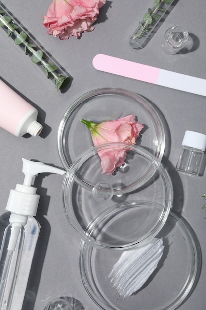 Concept van cosmetisch onderzoek en biologische huidverzorgingsproducten bovenaanzicht