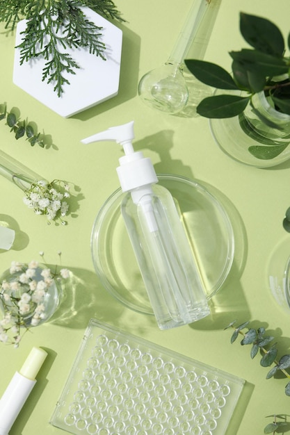 Concept van cosmetisch onderzoek en biologische huidverzorgingsproducten bovenaanzicht