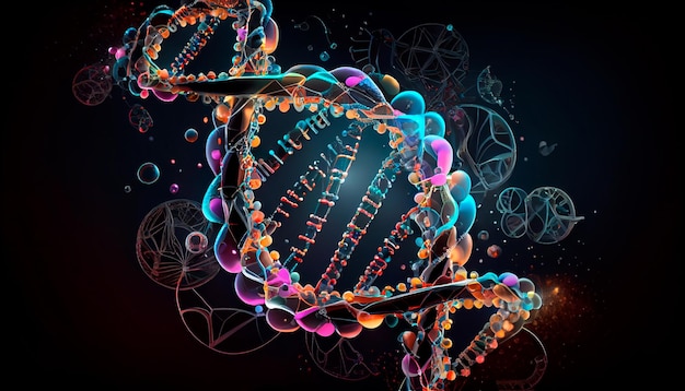 Concept van de evolutie van menselijk DNA onder een microscoop Generatieve AI