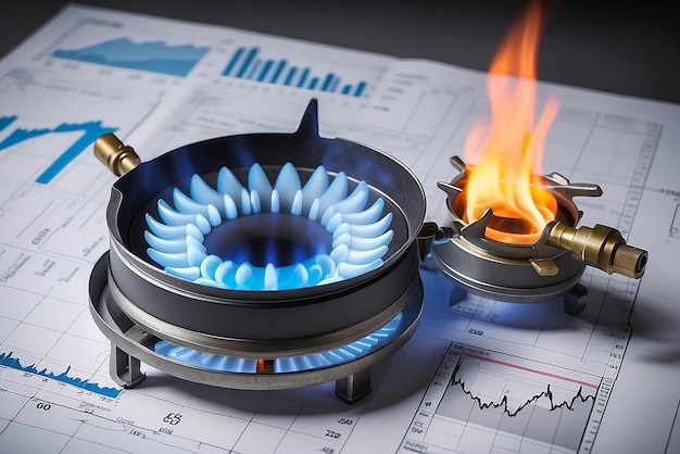 Concept van de groei van de kosten van aardgas met gasbranders en voorraaddiagrammen