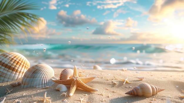 Concept van de zomer met een zandstrand schelpen en zeesterren