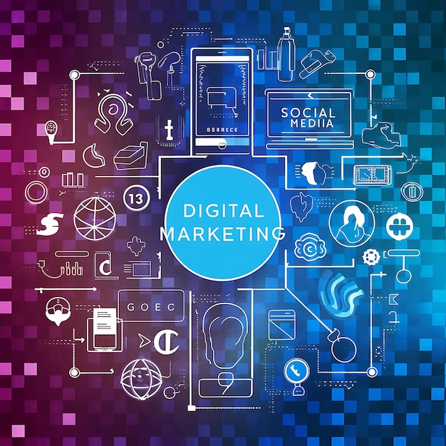 Concept van digitale marketingtechnologie Internet Online zoekmachineoptimalisatie SEO SMM Video Reclame achtergrond