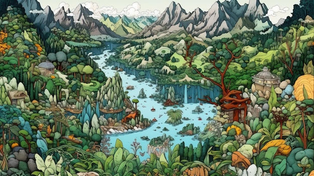 Concept van ecologie en ecosysteeminteracties Fantasieconcept Illustratie schilderij