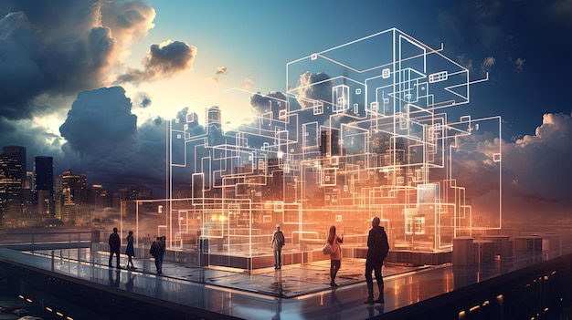 Concept van een digitale stad met cloudverbindingen Futuristisch netwerk in de wolken Gegenereerde AI