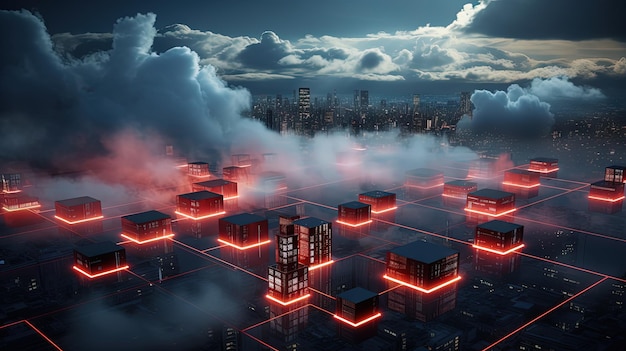 Concept van een digitale stad met cloudverbindingen Futuristisch netwerk in de wolken Gegenereerde AI