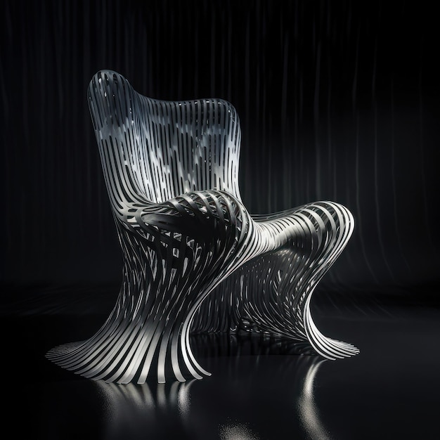 Concept van een futuristische stoel van in elkaar grijpende metalen platen Generatieve AI