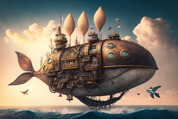 Concept van een grote vliegmachine die in de zee vaart in generatieve AI in steampunkstijl