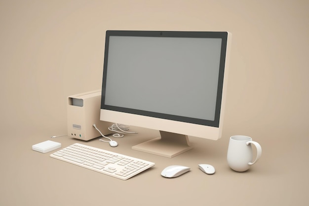 Concept van een minimalistisch werkstation met een desktop-pc tegen een beige achtergrond