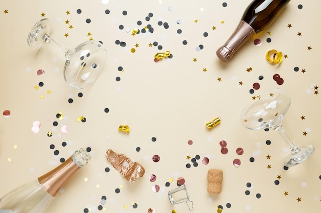 Concept van feestviering Nieuwjaar Champagne flessen en glazen met confetti en gouden sterren Top view copy space flatlay