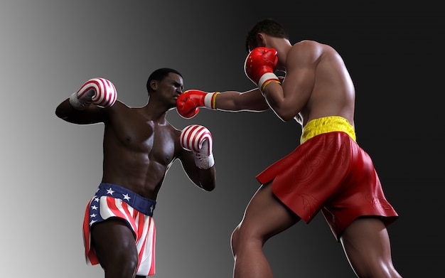 Concept van handelsoorlog tussen de VS en China. 3D-afbeelding twee bokser vechten VS en China vlag handel stoten voor het concept: Trade War.