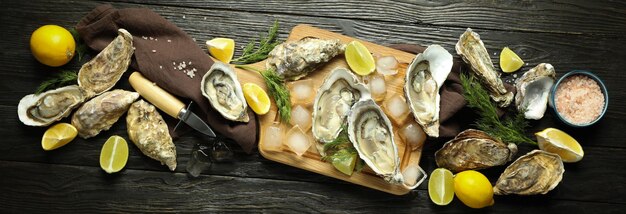 Concept van heerlijke zeevruchten oesters op houten tafel