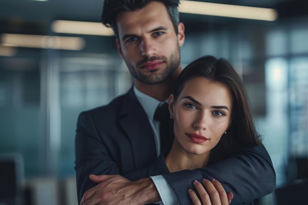 Concept van intimidatie Mannelijke baas knuffelt vrouwelijke ondergeschikte op kantoor