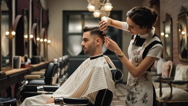 Concept van kapsalon elegante man krijgt een haar knippen van vrouwelijke kapper