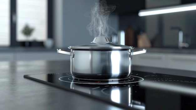 Concept van koken in een moderne keukenpan op een inductiekook Copy space