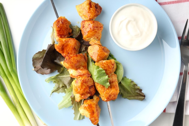 Concept van lekker eten met kip shashlik op witte achtergrond