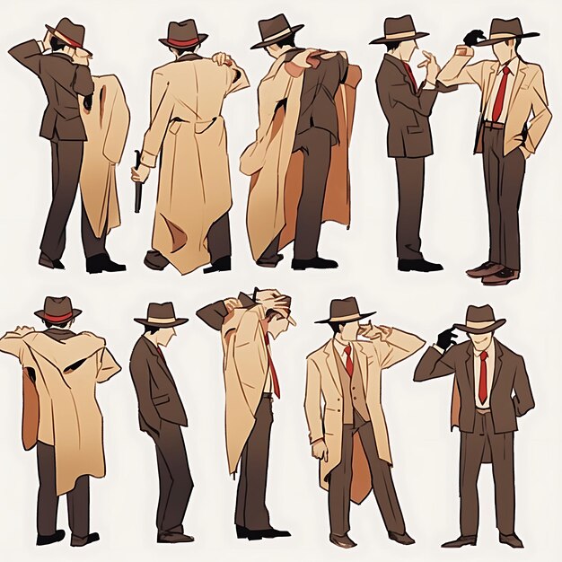 Foto concept van mannelijke lange retro gangster vintage kleuren gebrandschilderde huid fedora h character design 2d sheet