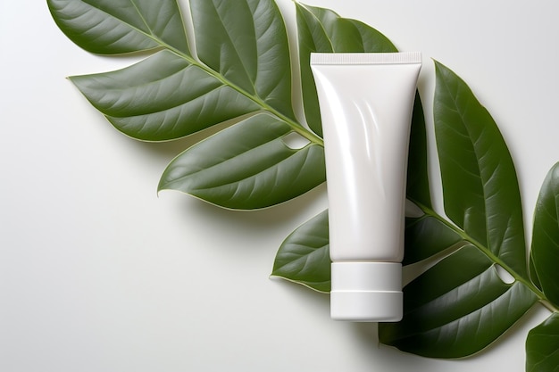 Concept van natuurlijke cosmetica Een witte buis met groene bladeren op een witte achtergrond