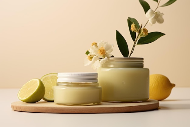 Concept van natuurlijke cosmetica Set van natuurlijke cosmetica met bloemen en citrusvruchten