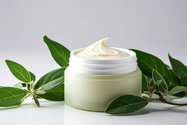 Concept van natuurlijke crème Pot met witte natuurlijke crème en bladeren op witte achtergrond