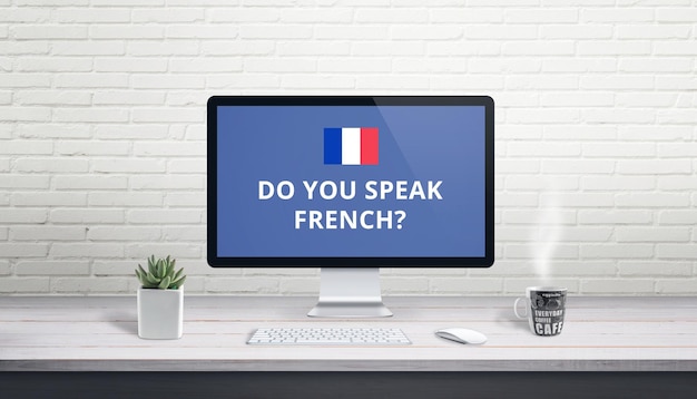 Concept van online Franse taal leren Vraag Spreekt u Frans met de Franse vlag op het display?