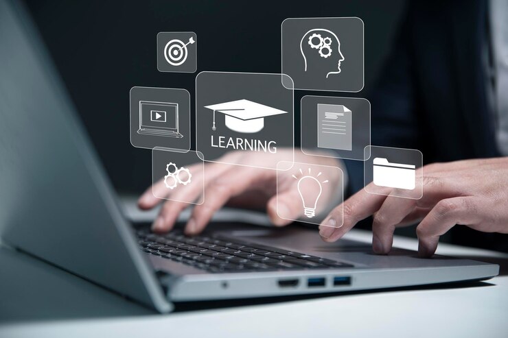 Concept van online onderwijs man gebruik online onderwijs