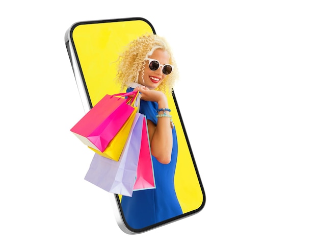 Concept van online winkelen Meisje met boodschappentassen die uit het scherm van de mobiele telefoon springen