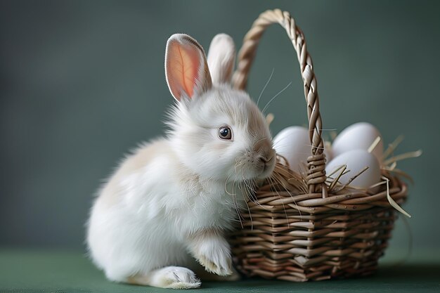 concept van Pasen een witte pluizige Pasenkonijn zit in een mand met kleurrijke eieren