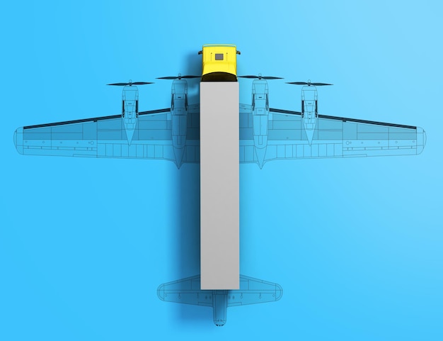 Concept van snelle levering Bedrijfswagen op de achtergrond met een silhouet van een vliegtuig 3d render op blauw