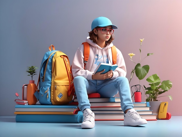 Concept van studentenstijl Jeugdoutfit Onderwijs en entertainment 3D-kleding rugzakboek