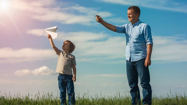 Foto concept van vadersdag vader en zoon samen jeugd gelukkig kind spelen met speelgoed papier vliegtuig een