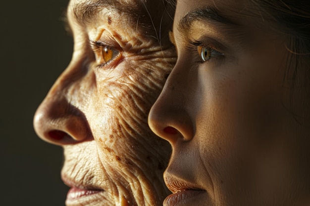 Concept van veroudering en huidverzorging Gezicht van jonge vrouw en een oude vrouw met rimpels Generatieve AI