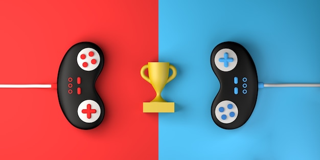 Concept van videogamecompetitie met gamepad en prijs gaming kopieer ruimte 3d illustratie