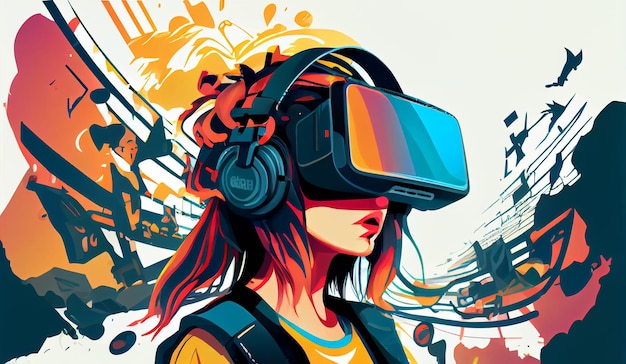 Concept van virtual reality-technologie grafisch van een tiener-gamer die een VR-spel op het hoofd draagt