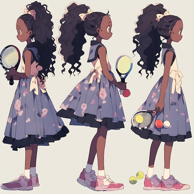 Foto concept van vrouwelijke hoge lengte tennis mode stijl preppy concept donker karakter ontwerp 2d blad