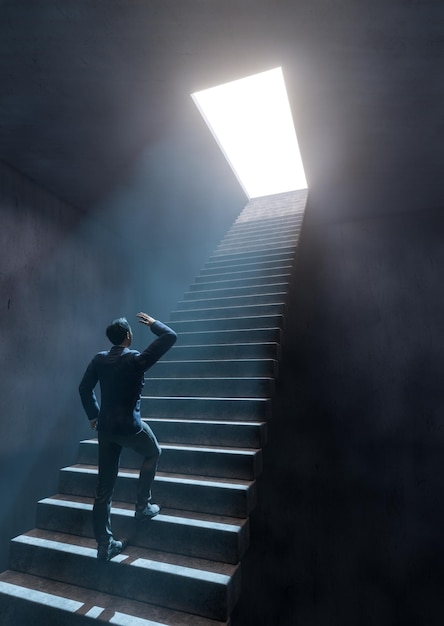 Concept van zakenman traplopen op donkere kamer zwarte achtergrond met lichte metafoor voor succes Fotorealistische 3D-rendering