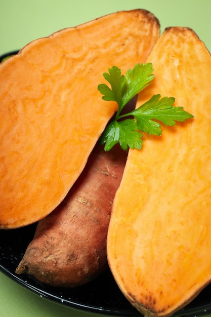 Photo concept of vegetables sweet potato close up