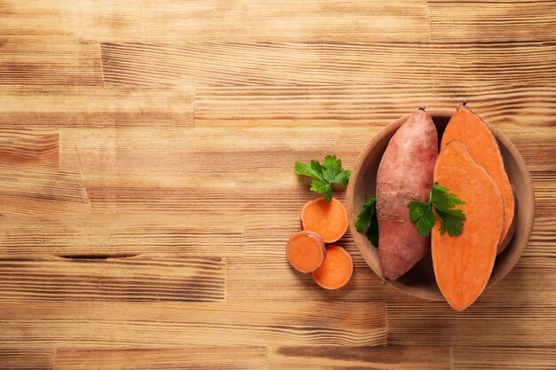 Concept of vegetables sweet potato space for text