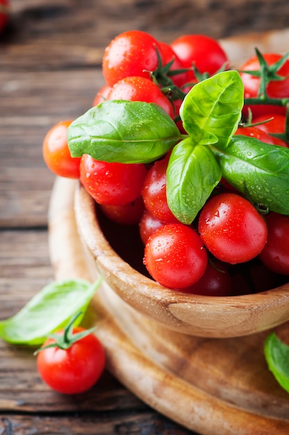 Concetto di cibo sano vegetariano con pomodoro e basilico