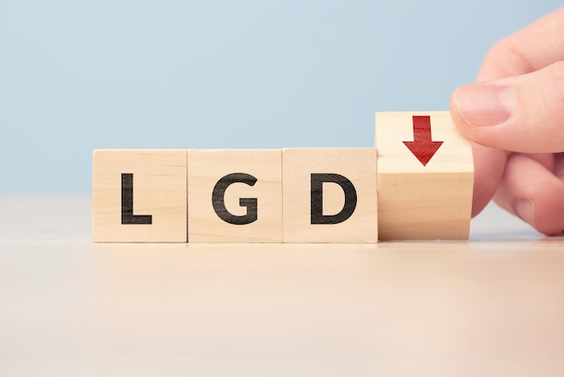 Concept Verlies bij standaard- of LGD-zakelijk acroniem Kubussen met letters en een pijl naar beneden