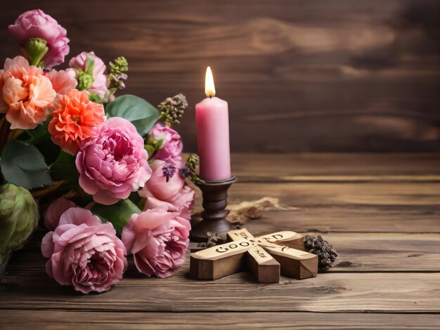 Concept vintage color on flower and wooden table with word GOOD FRIDAY