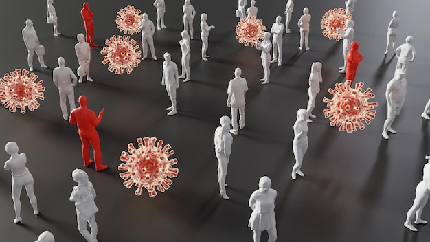 The concept of viruses drifting among the masses and infected people starting to appear 3d rendering