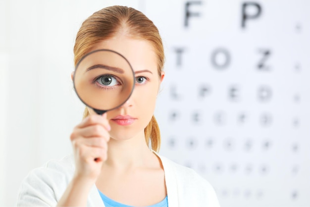 Concept vision testing woman with a magnifying glass at the doctor ophthalmologist