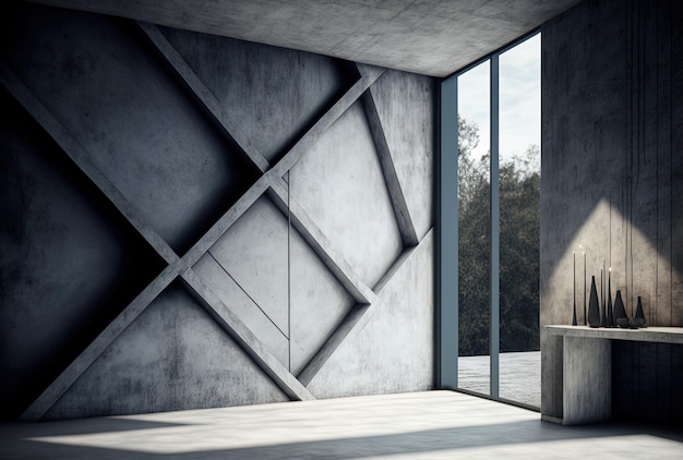 Concept voor cementbehang in een hoek van een betonnen kamer