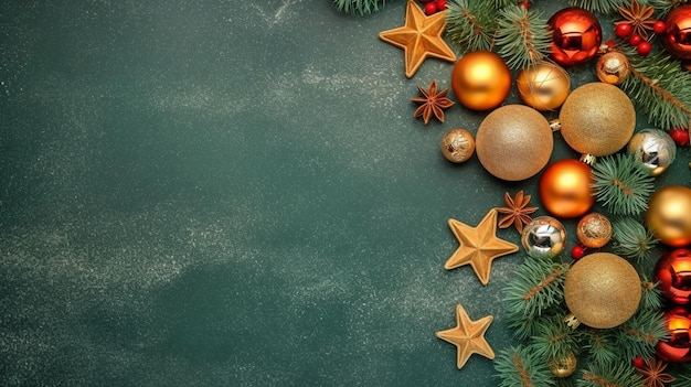 Concept voor een kerstboomversiering Bovenaanzicht afbeelding van rijp bedekte pijnboomtakken maretak bessen rood goud en groene decoraties op een overzichtelijke groene achtergrond GENERATE AI