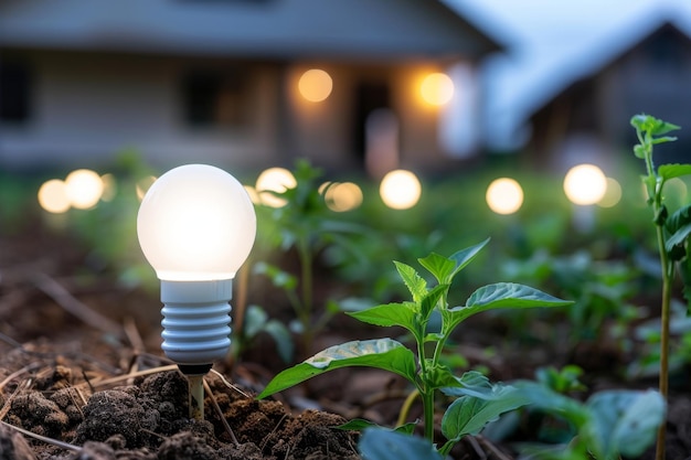 Foto concept voor hernieuwbare energieverlichting met groene planten voor duurzaam verbruik en kostenbesparing