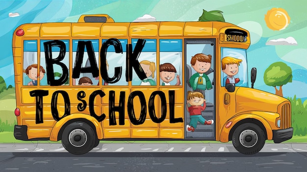 Concept voor terug naar school Schoolbus met kinderen Rucksack met schrijfgereedschap