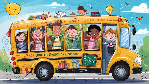 Concept voor terug naar school Schoolbus met kinderen Rucksack met schrijfgereedschap