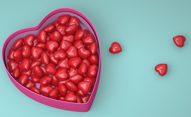 Foto concept voor valentijnsdag. doos met rode hartjes. 3d-afbeelding. 3d render.